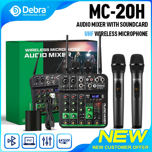 Debra UHF 4 Channel Audio Mixer With 2 Wireless Microphone Soundcard