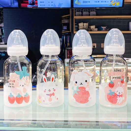 Glass Portable Cartoon Milk Student Cup Waterbottle with Straw