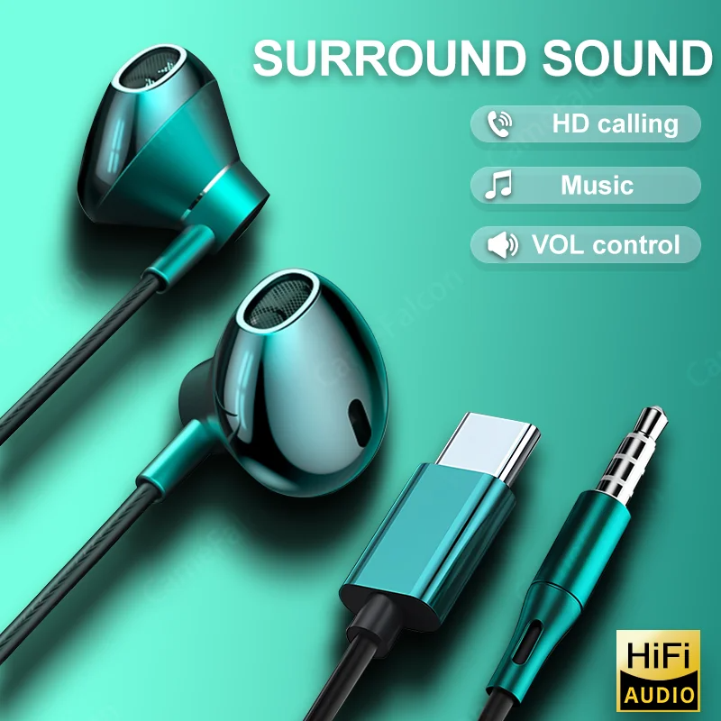 HiFi USB Type C Headphone Bass Stereo Volume Control Earbud