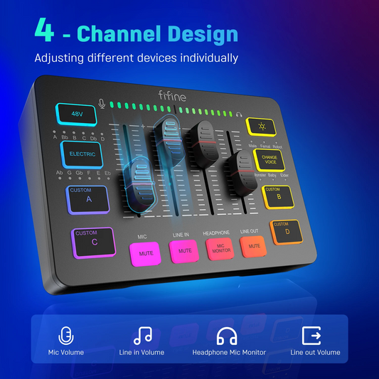 FIFINE Gaming Audio Mixer,Streaming 4-Channel RGB Mixer