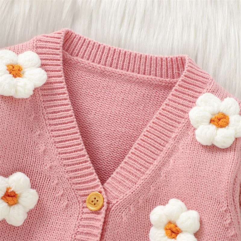 0-36M Infant Girl Sweater Cardigan Long Sleeve V Neck Button Closure