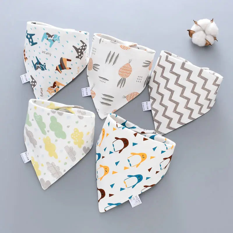 5pcs/lot Pure Cotton Triangle Baby Bibs - Cartoon Print Saliva Towel