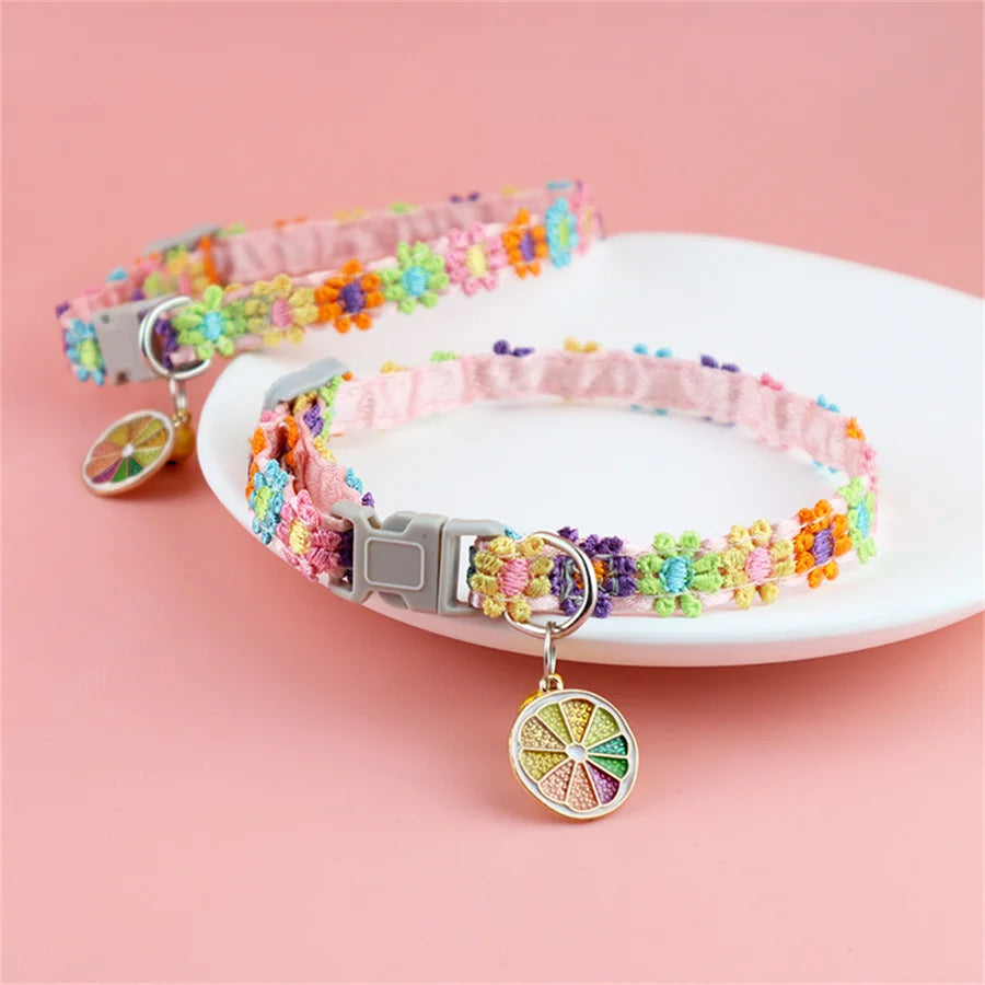 Colorful Lace Cat Collar with Bell and Flower Pendant