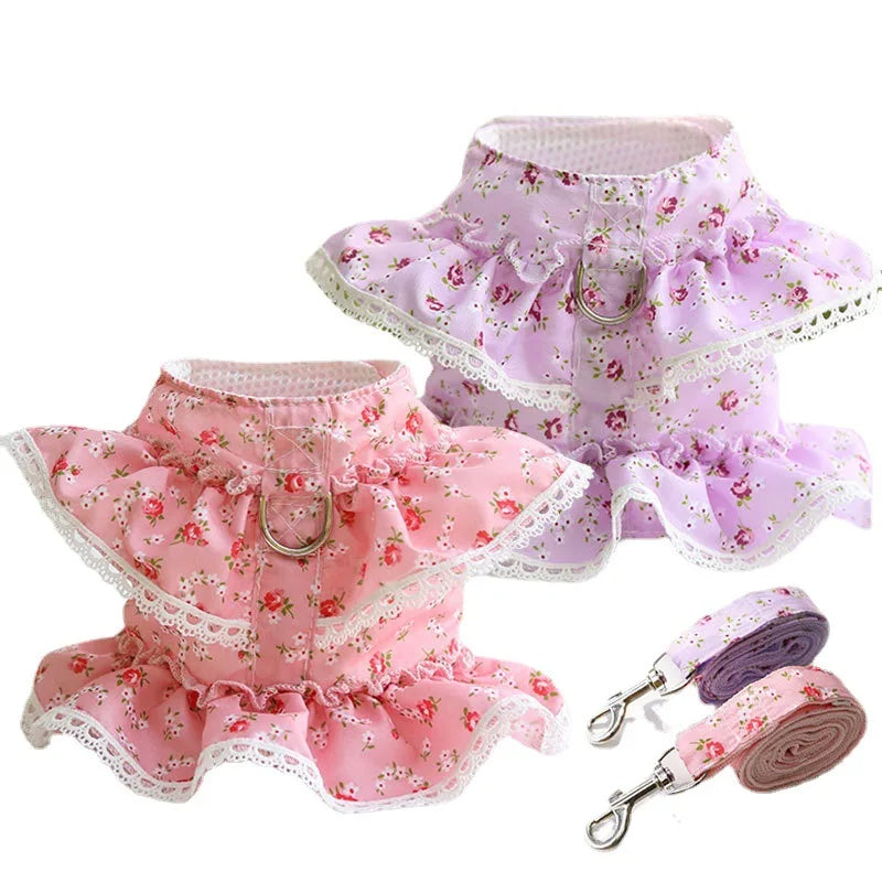 Adjustable Lace Floral Printed Pet Harness Vest and Leash Set