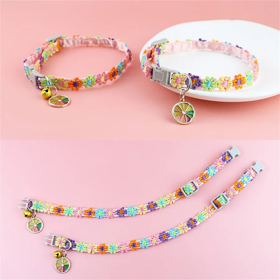 Colorful Lace Cat Collar with Bell and Flower Pendant