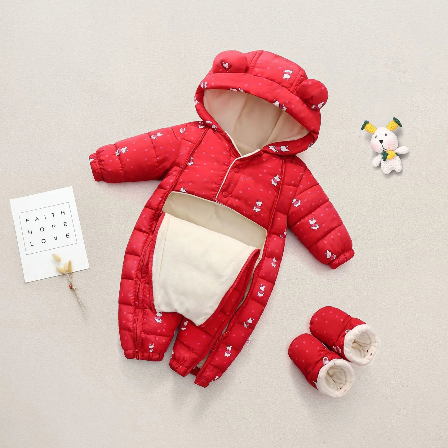 Jumpsuit Hooded Plus Velvet Warm  New born Baby clothes