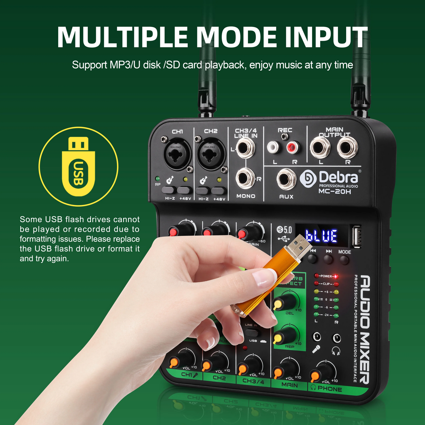 Debra UHF 4 Channel Audio Mixer With 2 Wireless Microphone Soundcard