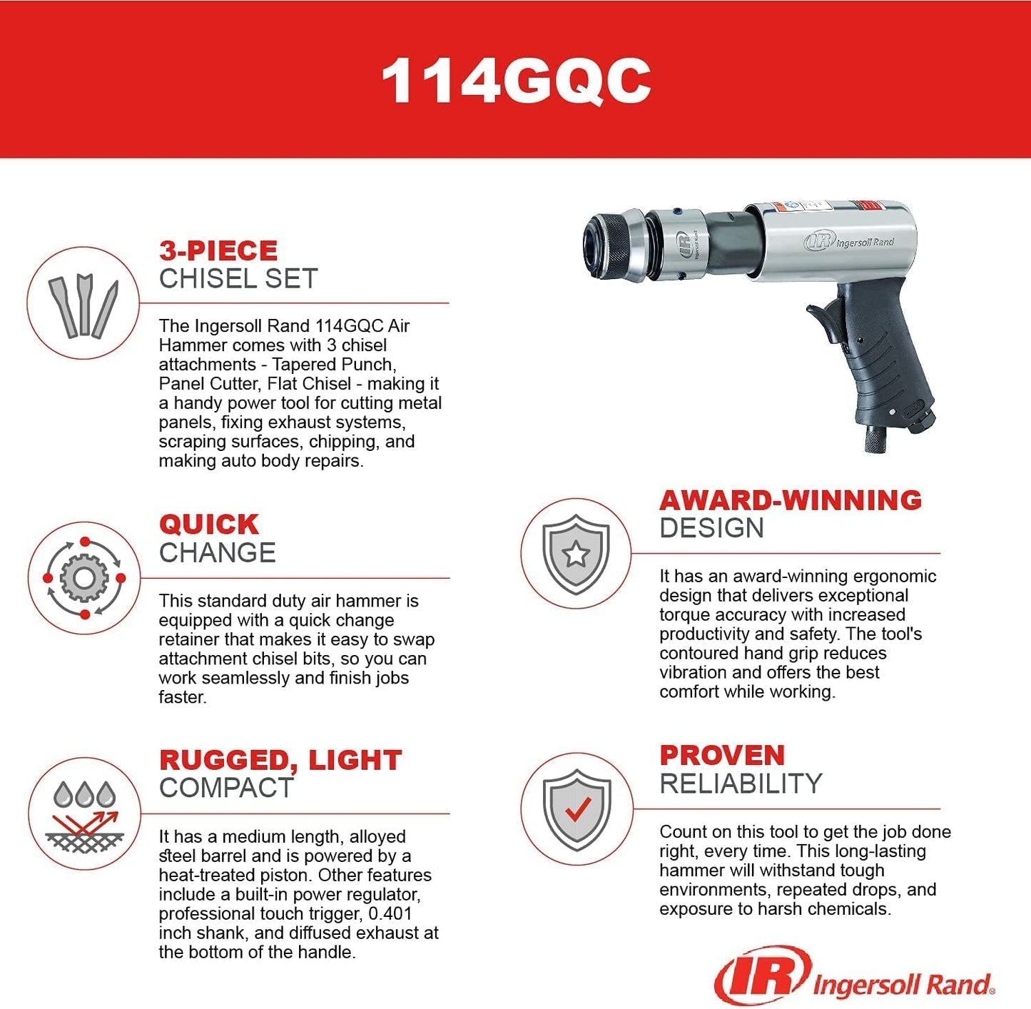 Ingersoll Rand 114GQC Air Hammer - 3 PC Chisel