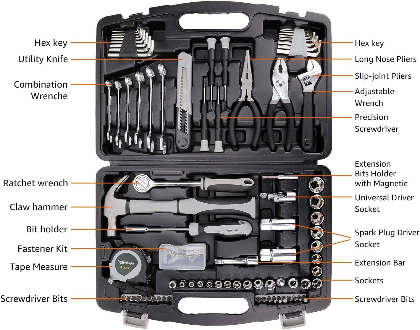 131-Piece General Household Home Repair and Mechanic's Hand Tool Kit Set