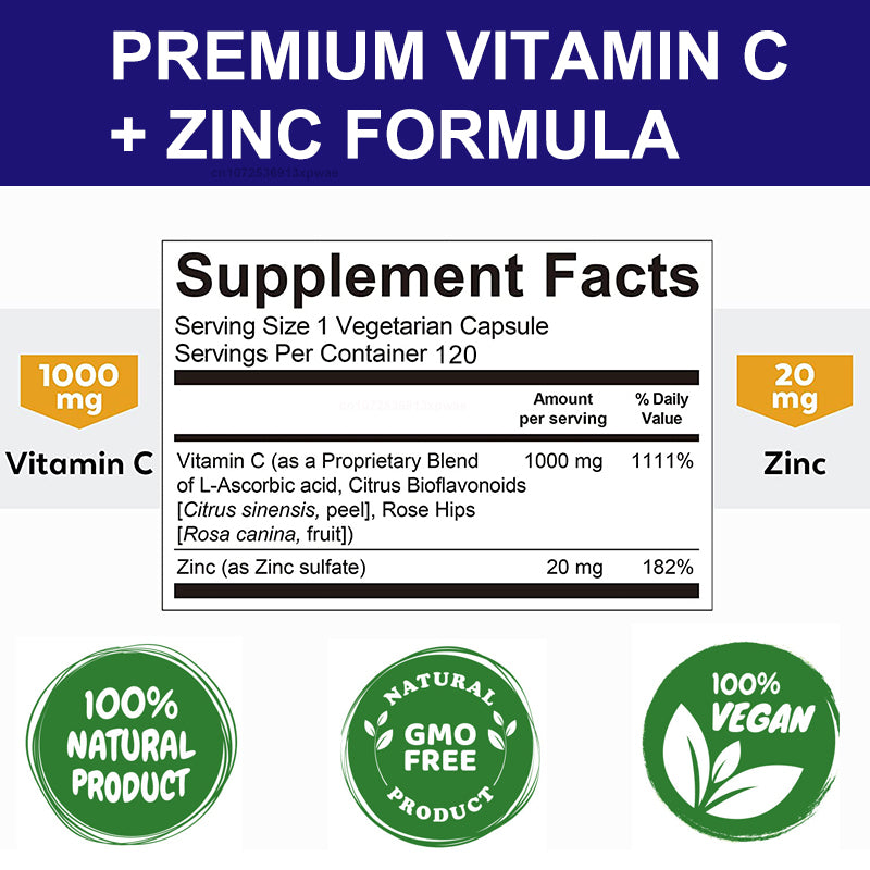 Alxfresh 120PCS Organic Vitamin C+Zinc Capsules Supplements