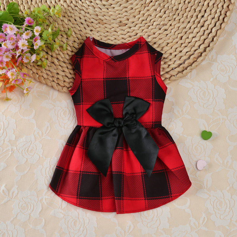 Dog Clothes Plaid Skirt Sweet Dog Bowknot Princess Dress