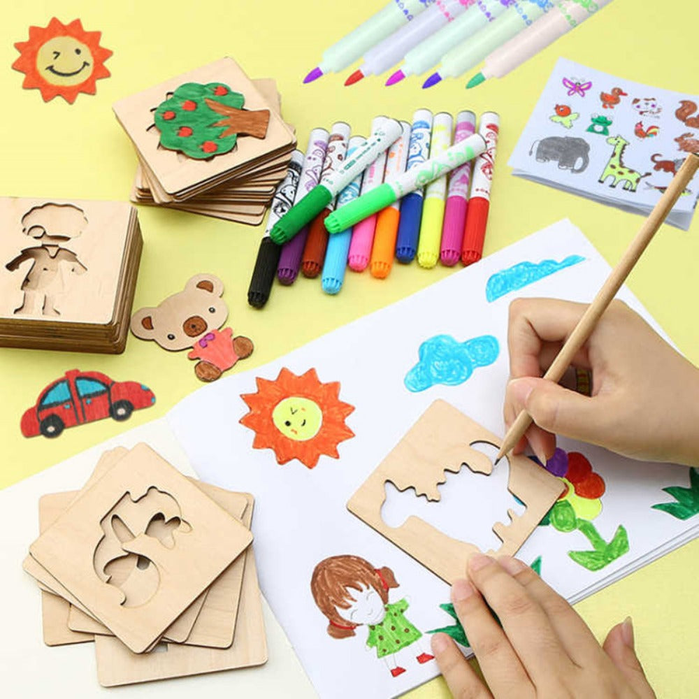 Montessori Wooden DIY Drawing Stencils Set for Kids - 20pcs Educational Toy for Christmas